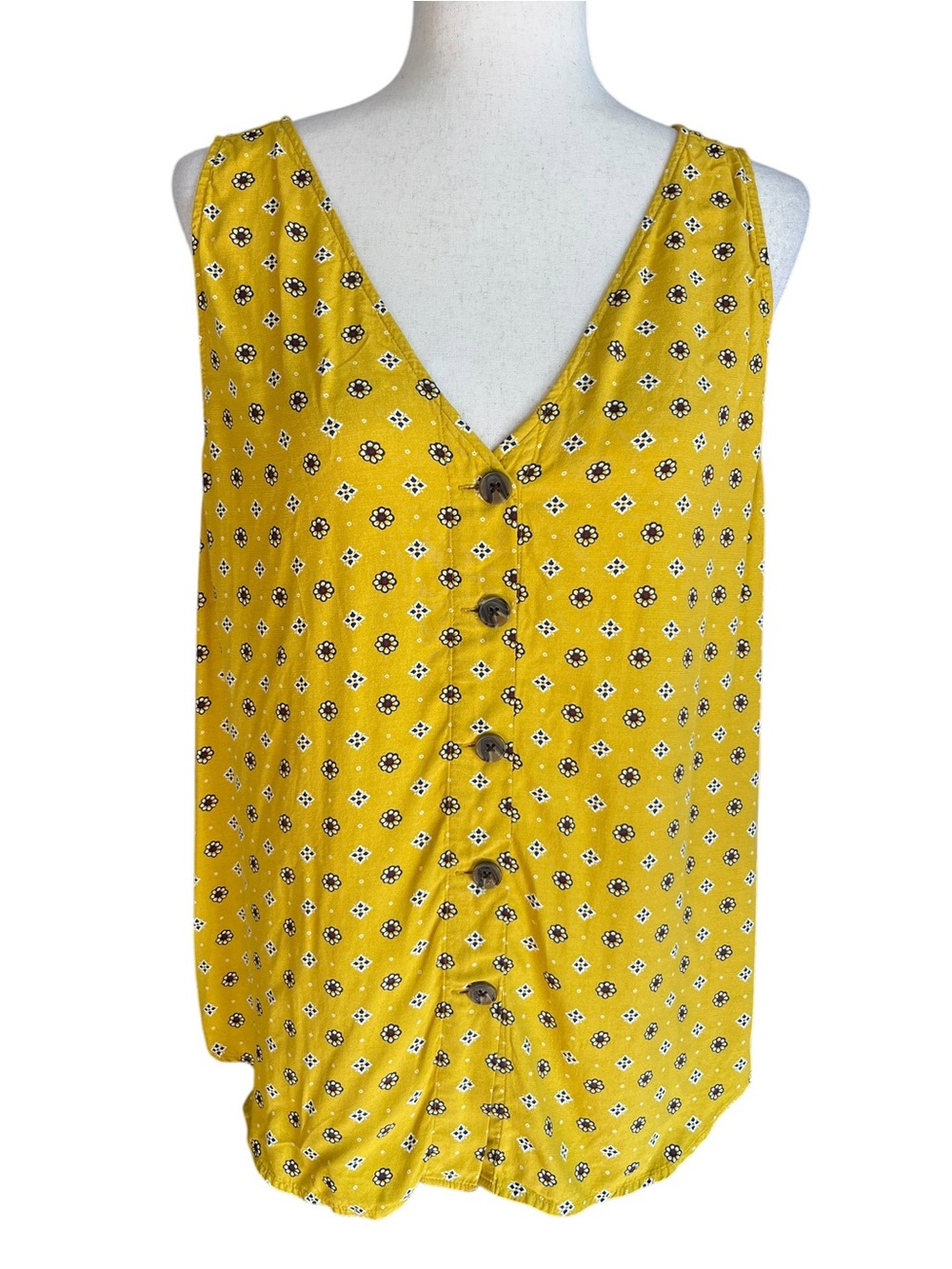 Loft Yellow Button-Front Sleeveless V-Neck Top